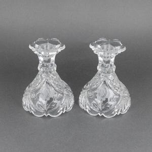 Vintage Crystal Candle Holders with Etched Rose, Tabletop Accent Lighting, Hostess Gift Idea