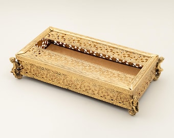 Vintage Stylebuilt Gold Ormolu Tissue Box Cover with Cherub Feet & Removable Lid