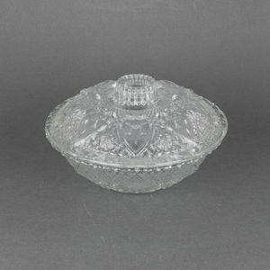 Vintage Covered Candy Dish with Hearts & Fleur De Lis, Clear Crystal Glass Trinket Bowl with Lid, Vanity Powder Box, Dresser Catchall Dish