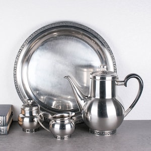 Vintage Oneida Mediterranea 4 Piece Tea Set, MCM Coffee Pot with Creamer, Sugar Bowl and Round Tray, Mid Century Wedding Gift Idea