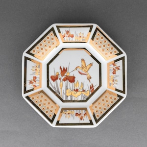 Decorative Octagonal Plate with Hummingbird and Flowers, Metallic Gold Display Plate Made in Japan
