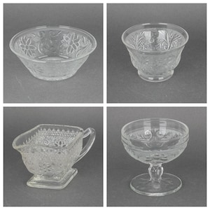Vintage Anchor Hocking Clear Sandwich Pattern Glass Dishes, Depression Glass Replacement Berry Bowl Creamer Custard Cup Footed Sherbet