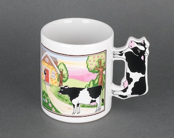 Vintage Japan Cow and Farm Ceramic Coffee Mug, Kitsch Farmhouse Decor, Whimsical Cocoa Mug,