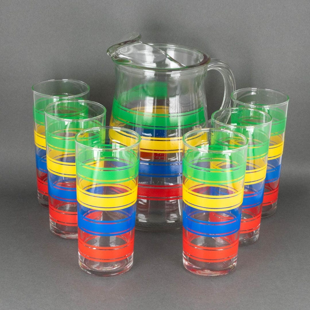 Joe R. Pyle Glassware Libbey Refresher 7 Piece Striped Glass & Pitcher Set, Vintage 1970s ...