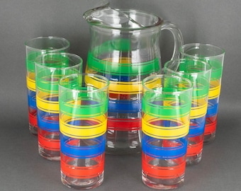 Libbey Refresher 7 Piece Striped Glass & Pitcher Set, Vintage