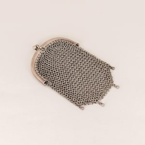 Small Antique Silver Chatelaine Mesh Coin Purse with Kiss Clasp 42g, Chainmail Belt Pouch