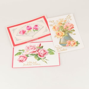 Juego de 3 postales alemanas antiguas con rosas, tarjeta de cumpleaños floral victoriana, efímera de álbum de recortes desgastado, regalo para coleccionistas de postales.