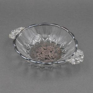 Vintage New Martinsville Janice Clear Serving Bowl with Sterling Silver Overlay, Handled Depression Glass Bon Bon Candy Dish