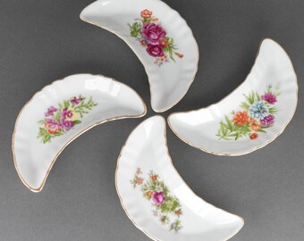 Vintage Porcelain Bone Dish, Crescent Floral Trinket Tray, Cottage Core Vanity Decor, Victorian Dresser Accessory, Bridal Shower Favors