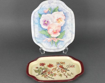 Small Vintage Tin Trays with Flowers or Birds, Metal Trinket Dish, Dresser Catchall Dish for Women