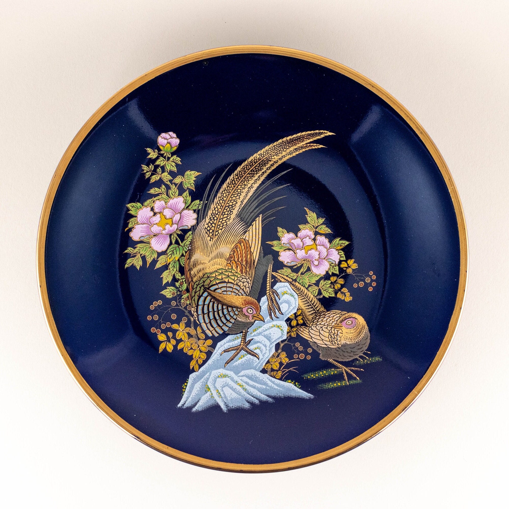 Vintage Japanese Cobalt Blue Porcelain Plate - Pheasant Floral