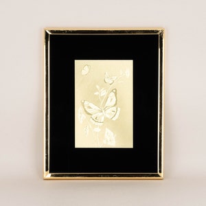 Vintage 1980s Gold Foil Butterfly Art, Framed Optical Illusion Wall Hanging