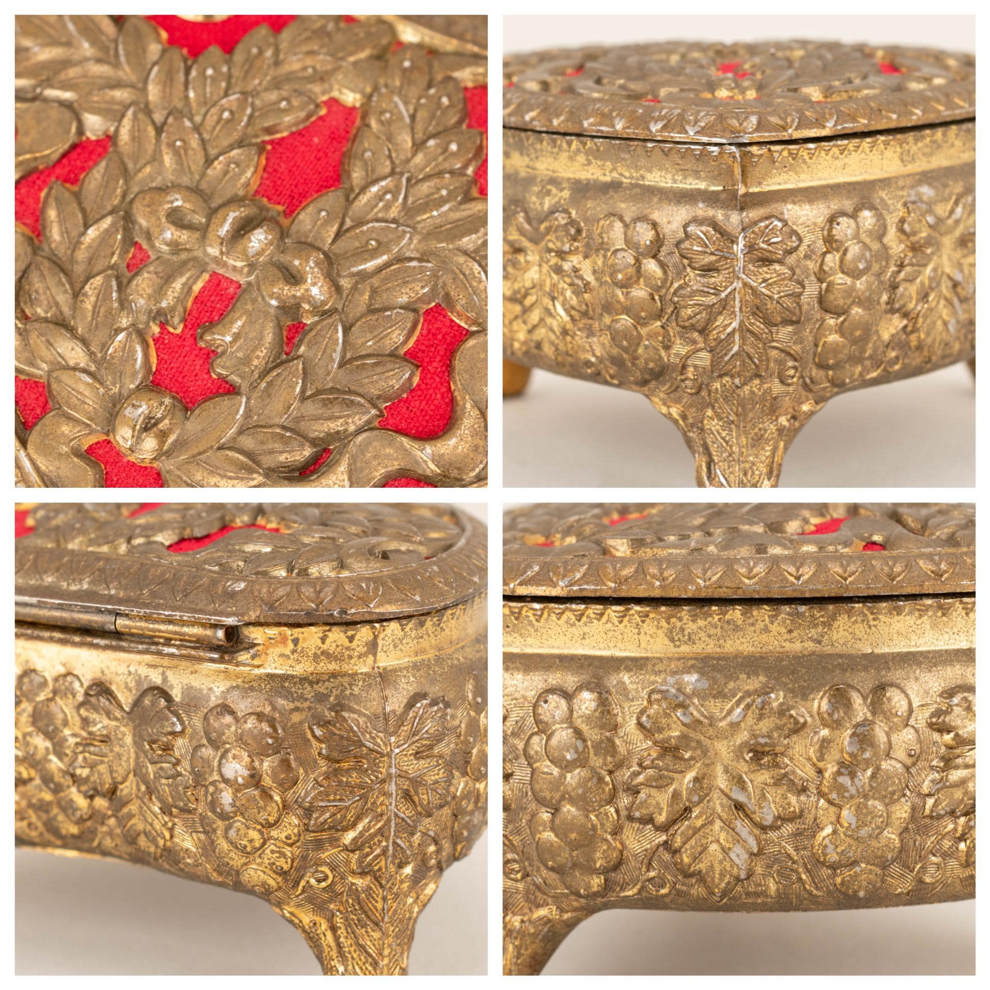 Vintage Gold Embossed Heart Shaped Jewelry Box With Red
