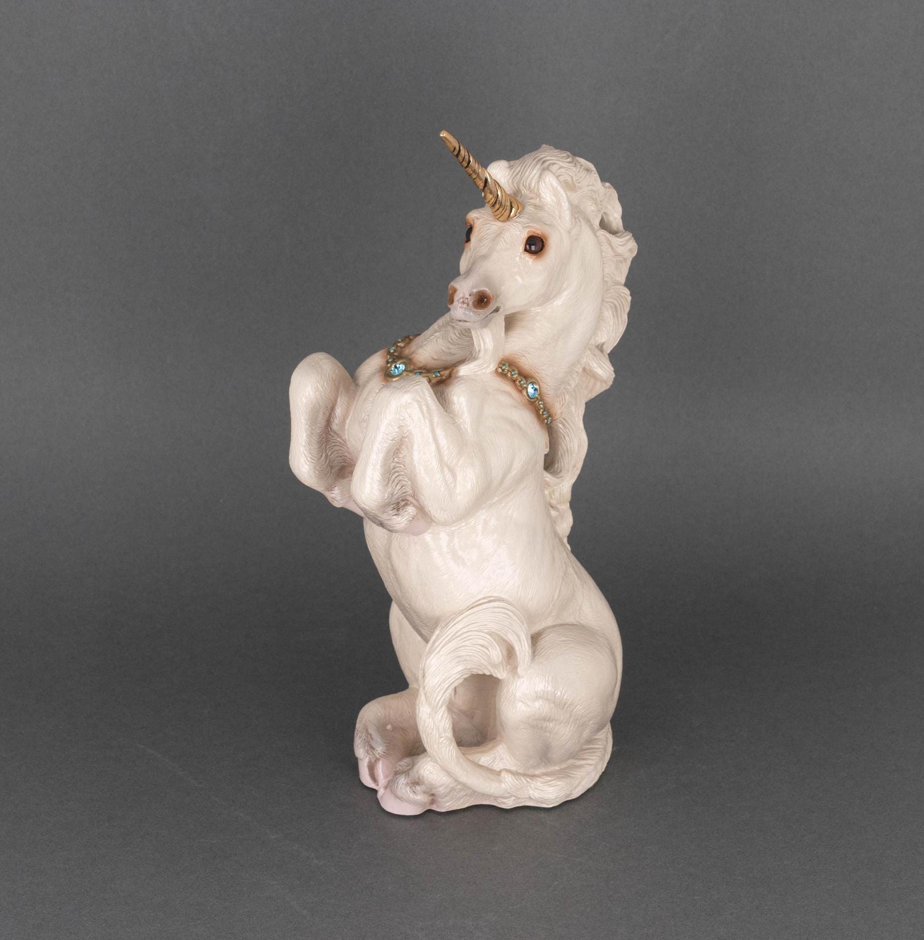 Rearing White Male Unicorn Figurine With Blue Jewels by Windstone