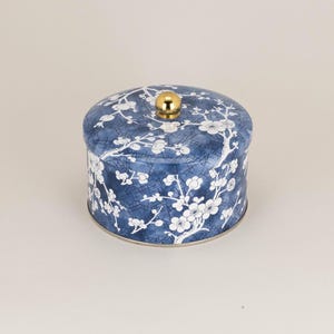 Vintage Round Blue Decorative Tin with White Cherry Blossoms, Small Floral Storage Container, Shabby Home Decor Gift