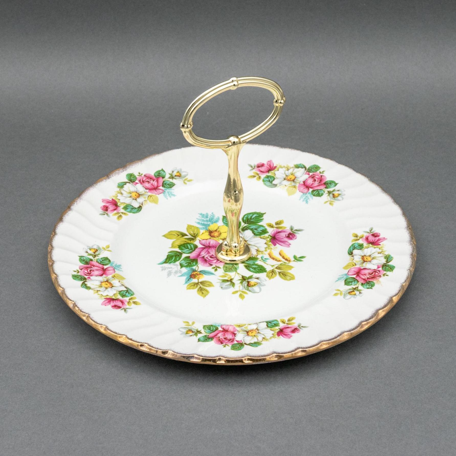 Vintage Royal Crown 1 Tier Cake Stand with Handle, Floral Tidbit