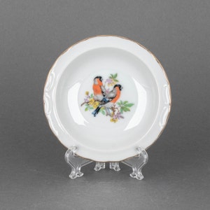 Vintage China Plate with Bullfinch Birds, White Porcelain Ring Dish, Country Style Home Decor, Bird Trinket Tray, Bird Lover Gift