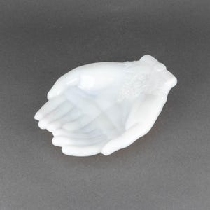 vintage Avon Touch of Beauty White Milk Glass Hand Shaped Soap Dish, Victorian Style Trinket Dish, Powder Room Decor, Gift for Women