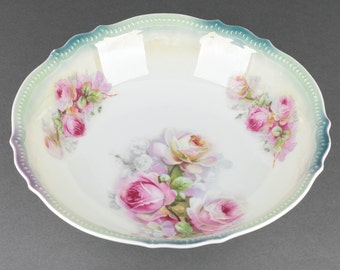 Antique German Lusterware Porcelain 9" Serving Bowl with Scalloped Edge and Roses