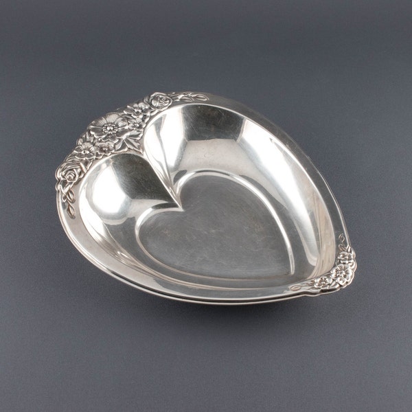 Vintage Silver Heart Shaped Candy Dish with Embossed Flowers, Floral Ring Dish, Victorian Vanity Decor, Heart Trinket Tray, Girlfriend Gift