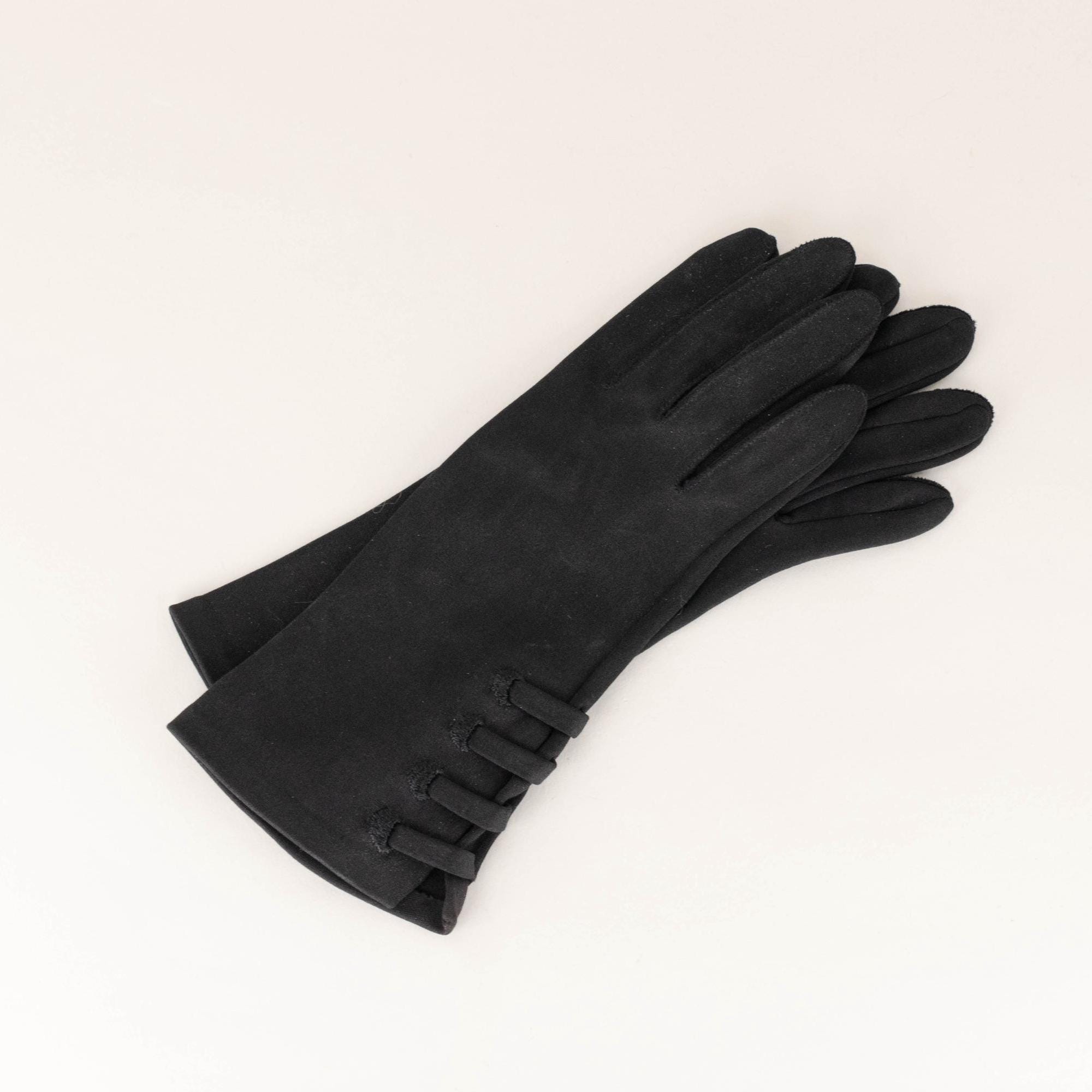 Vintage Crescendoe Leather Tailored Black Cotton Gloves - Size 6
