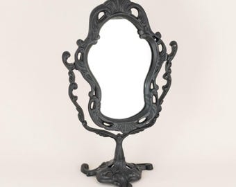Black Victorian Style Cast Metal Swivel Tilt Tabletop Mirror, Gothic Bathroom Vanity Decor, Anniversary Gift for Girlfriend