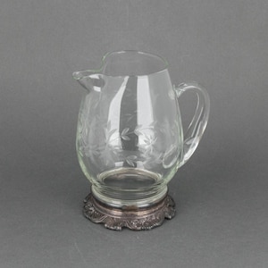Wheel Cut Clear Glass Pitcher with Applied Handle and Floral Silver Plated Base, Mid Century Cocktail Jug, Farmhouse Hostess Gift