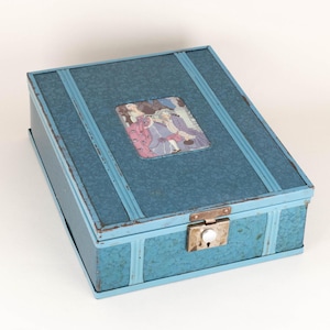 Caja de puros de madera vintage con ribete de metal y estampado de pareja francesa, caja de almacenamiento de metal azul, caja de recuerdos, regalo de cumpleaños para mi mejor amigo.