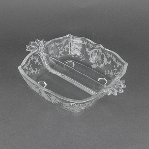Vintage Fostoria Navarre 2 Part Relish Dish with Baroque Shape & Handles, Clear Glass Divided Serving Bowl, Elegant Glass Wedding Gift
