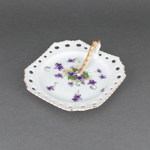 Reticulated Norcrest Violet Lemon Wedge Serving Dish, Floral Porcelain Nappy, Purple Flower Trinket Tray, Tea Time Birthday Gift Women