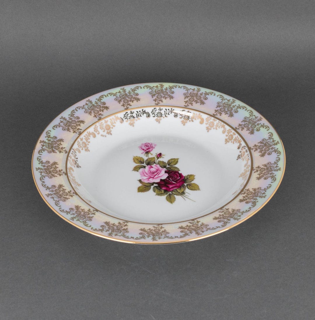 Vintage Deep Dinner Plate With Rose Center and Lusterware Finish, Czech ...