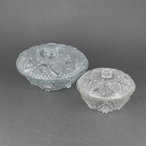 Vintage Covered Candy Dish with Hearts & Fleur De Lis, Clear Crystal Glass Trinket Bowl with Lid, Vanity Powder Box, Mid Century Catchall