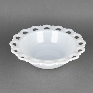 Vintage Old Colony 9&quot; Milk Glass Bowl with Open Work Lace Edge by Anchor Hocking, Wedding Table Centerpiece, Farmhouse Decor Gift