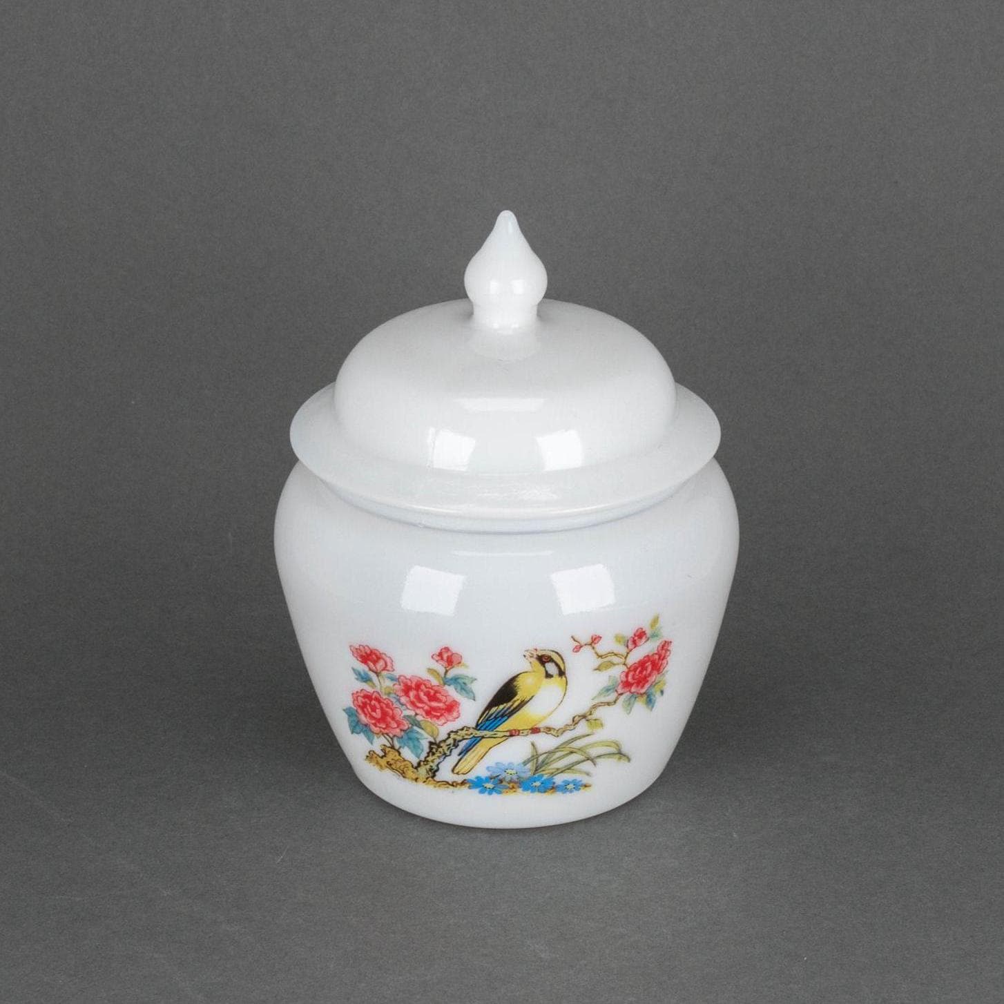 Avon Dynasty Milk Glass Apothecary Jar with Bird & Flowers, 1970s Bathroom Decor, Retro Housewarming Gift Idea