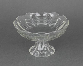 Vintage Clear Pressed Glass Pedestal Compote Dish, Footed Bowl with Ball & Drape Pattern, Wedding Table Centerpiece