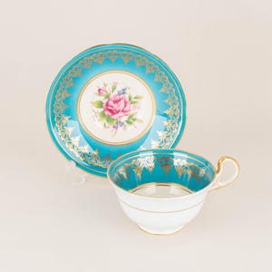 1930s Aynsley Turquoise Bone China Tea Cup and Saucer Set Doris Shape C805, Tea Cup Collector Gift, Pink Cabbage Rose Teacup
