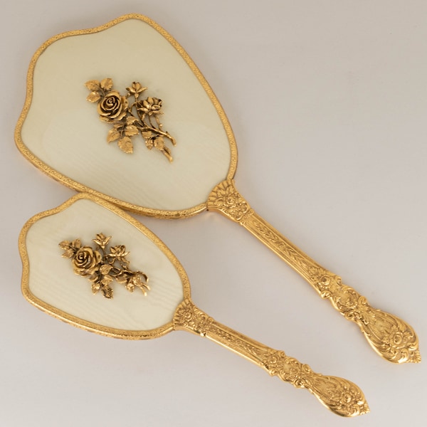 Vintage 24K Plated Maston Ormolu Hand Held Brush & Mirror Set with Rose Motif, Hollywood Regency Vanity Decor