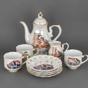 Vintage Hand Painted Lusterware Tea Set Made in Japan, 1950s Iridescent China, Tea Party Supplies