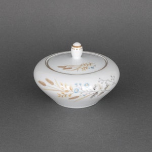 Puede incluir: Azucarero de porcelana blanca con tapa. El tazón tiene un diseño floral con flores azules y tallos marrones. La tapa tiene un borde dorado.