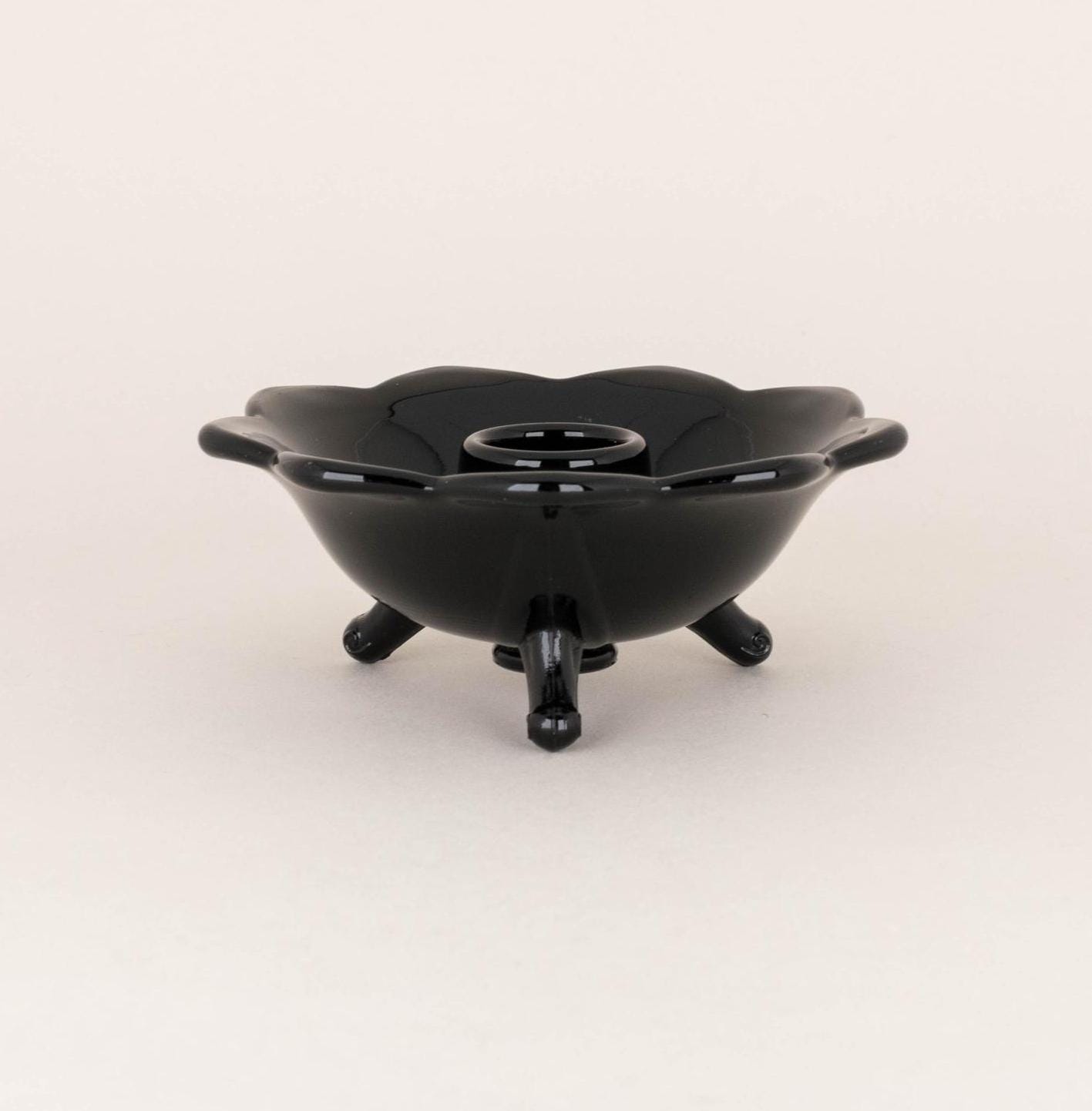Vintage Fenton Black Amethyst Glass Tapered Candle Holder, Lotus