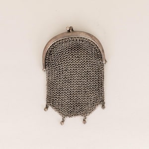 Antique Silver Chainmail Purse w/ Kiss Clasp from Barcelona 60g, Double Pocket Chatelaine Mesh Coin Purse, Victorian Edwardian Fashion Gift