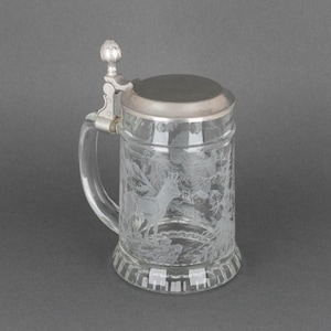 Vintage German Etched Crystal Beer Stein with Hinged Pewter Lid, BMF Zinn Glass Tankard, Bavarian Bar Decor, Father&#39;s Day Gift Idea