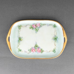 Antique Hand Painted Porcelain Rosenthal Selb Donatello Dresser Tray with Handles Pink Roses, Made in Bavaria Floral Trinket or Perfume Tray