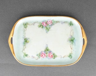 Antique Hand Painted Porcelain Rosenthal Selb Donatello Dresser Tray with Handles Pink Roses, Made in Bavaria Floral Trinket or Perfume Tray