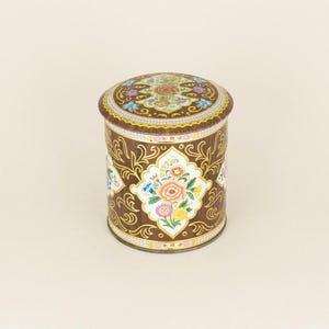 Vintage English Brown Decorative Tin with Flowers, Small Floral Storage Container, Shabby Home Decor Gift