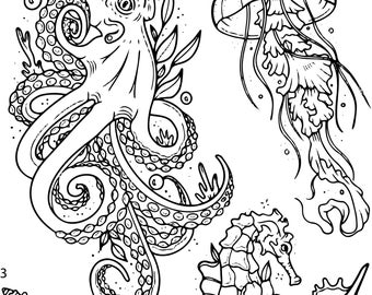 Pre-Cut Ready To Use Hand Poke Under the Sea Jellyfish Seashell Sea horse Octopus Tattoo Stencils set of 4