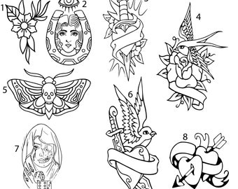 May include: Black and white line art illustrations of eight different tattoo designs. The designs include a flower, a horseshoe with a woman's face, a dagger through a heart, a bird in a rose, a moth, a bird with a dagger through a heart, a woman's face with dice, and a heart with an arrow.