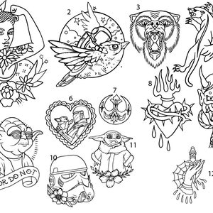 Pre-Made Ready To Use Owl Moon Sun Skull Butterfly Star Wars Fine Line Flash Tattoo Stencils set of 4