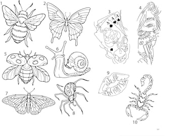 Pre-Made Ready To Use Hand Poke Ladybug Scorpion Butterfly Cards Spider Lips Tattoo Stencils set of 4