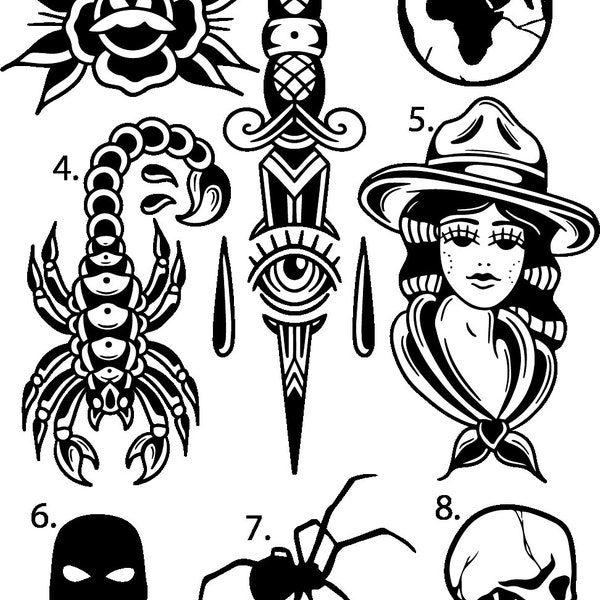 Pre-Made Ready To Use Cowgirl Roses Dagger Spider Scorpion Flash Tattoo Stencils lot de 4